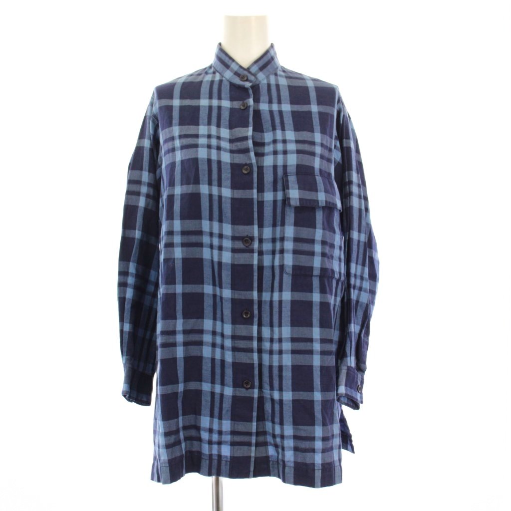 【中古】イッセイミヤケ ISSEY MIYAKE バンドカラーシャツ ブラウス 長袖 チェック M 青 JG14427 /KH レディース 【ベクトル 古着】 260204