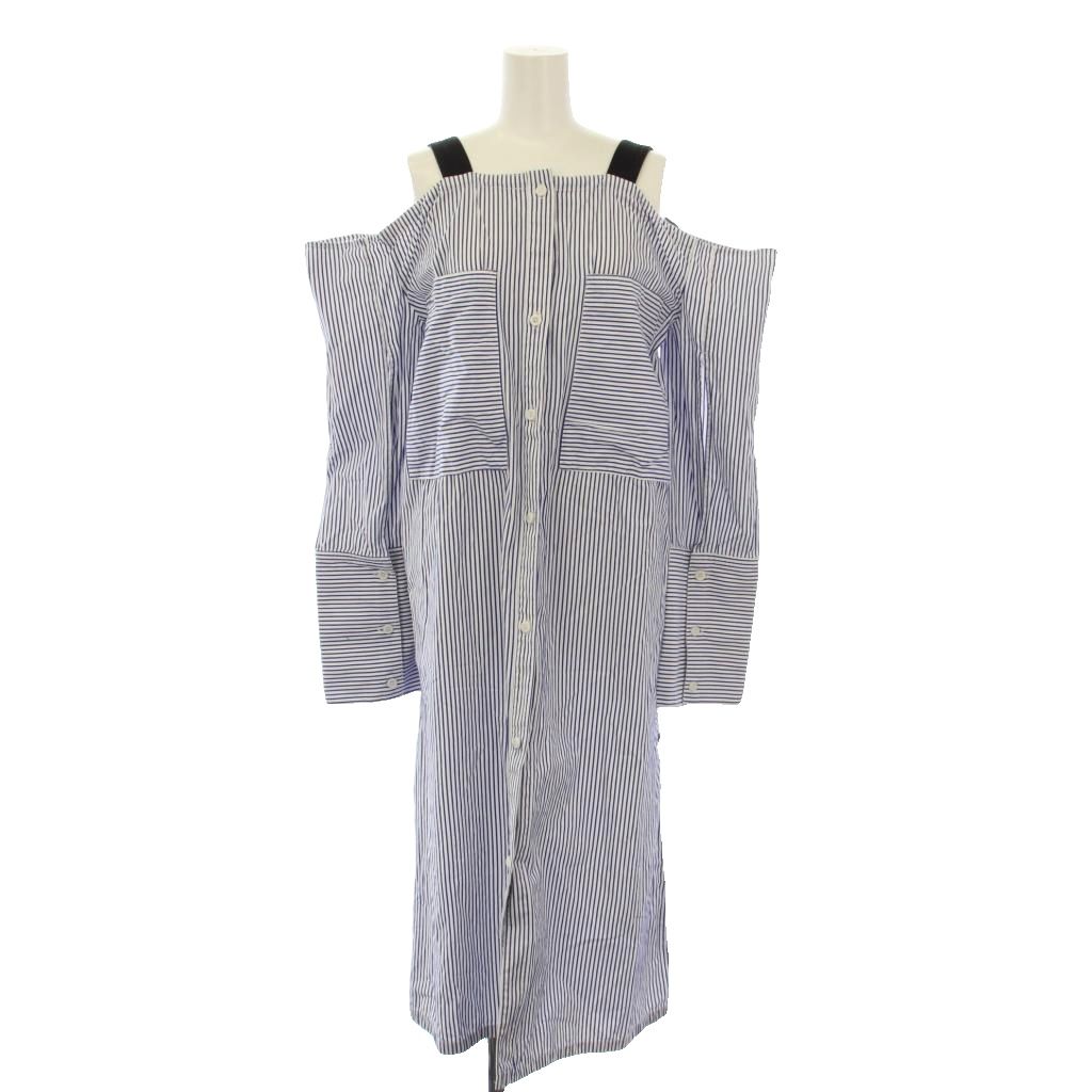 【中古】アキラナカ AKIRA NAKA ベアショルダーシャツワンピース 長袖 ロング ストライプ 36 青 白 AS1733BL /KH レディース 【ベクトル 古着】 260214
