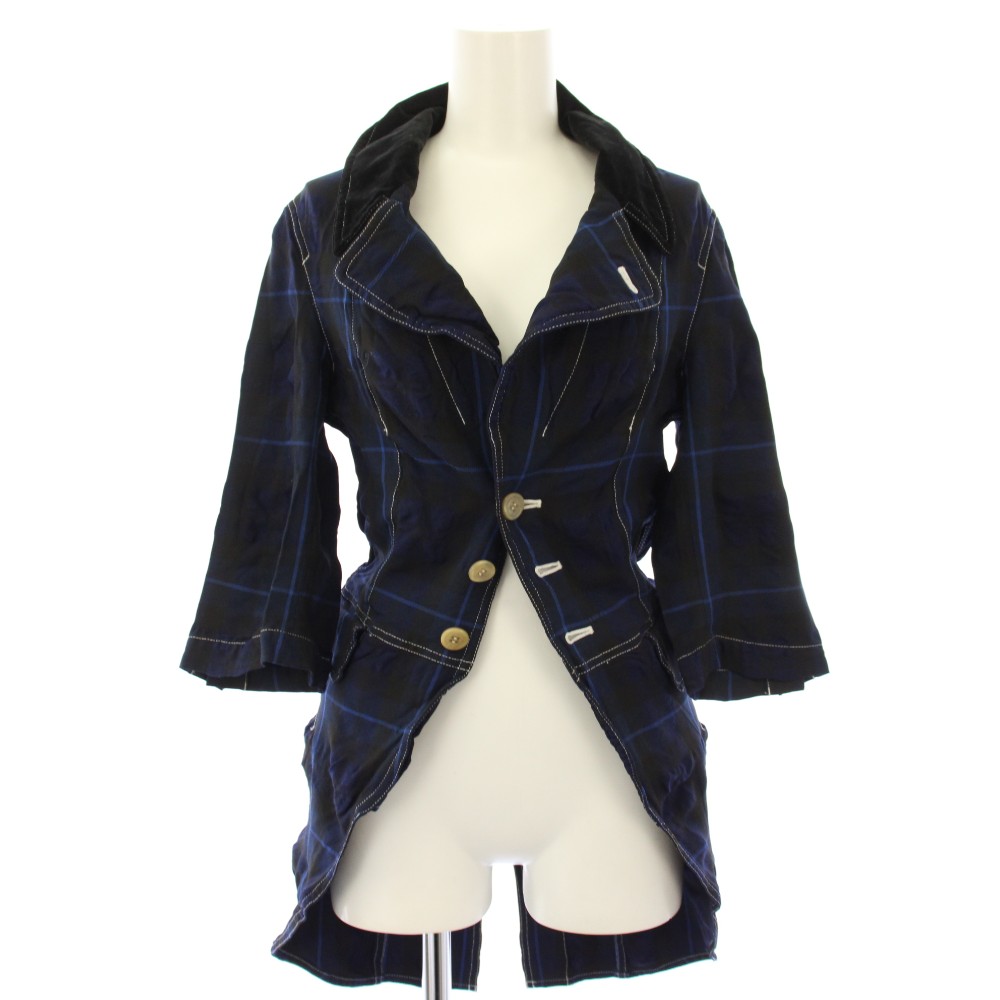 【中古】コムデギャルソンコムデギャルソン COMME des GARCONS COMME des GARCONS コムコム AD2007 燕尾ロングジャケット チェック 五分袖 S 紺 青 RA-J018 /TK レディース 【ベクトル 古着】 260215