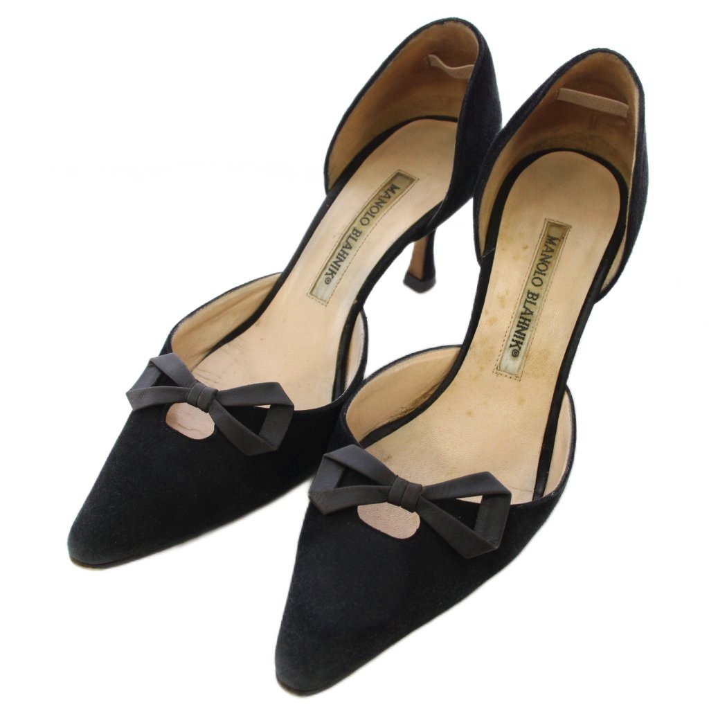 【中古】マノロブラニク MANOLO BLAHNIK パンプス スエード リボン ポインテッドトゥ 35 黒 /TK レディース 【ベクトル 古着】 260216