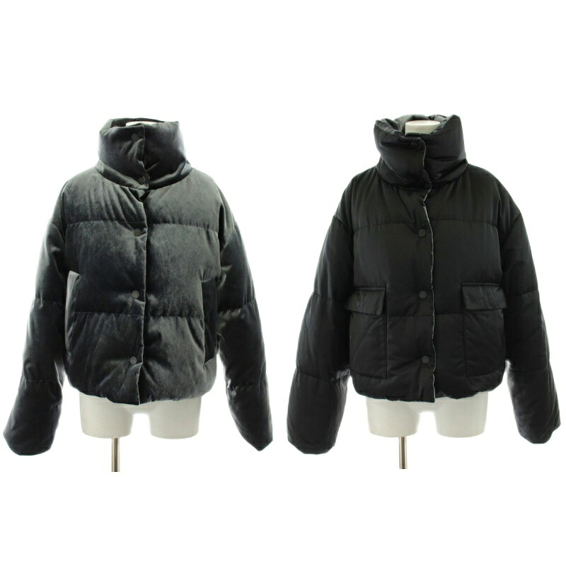 【中古】オールセインツ ALLSAINTS Lacey Reversible Puffer Coat リバーシブル ダウンコート ショート丈 ベロア US2 グレー 黒 ブラック /KU レディース 【ベクトル 古着】 260219