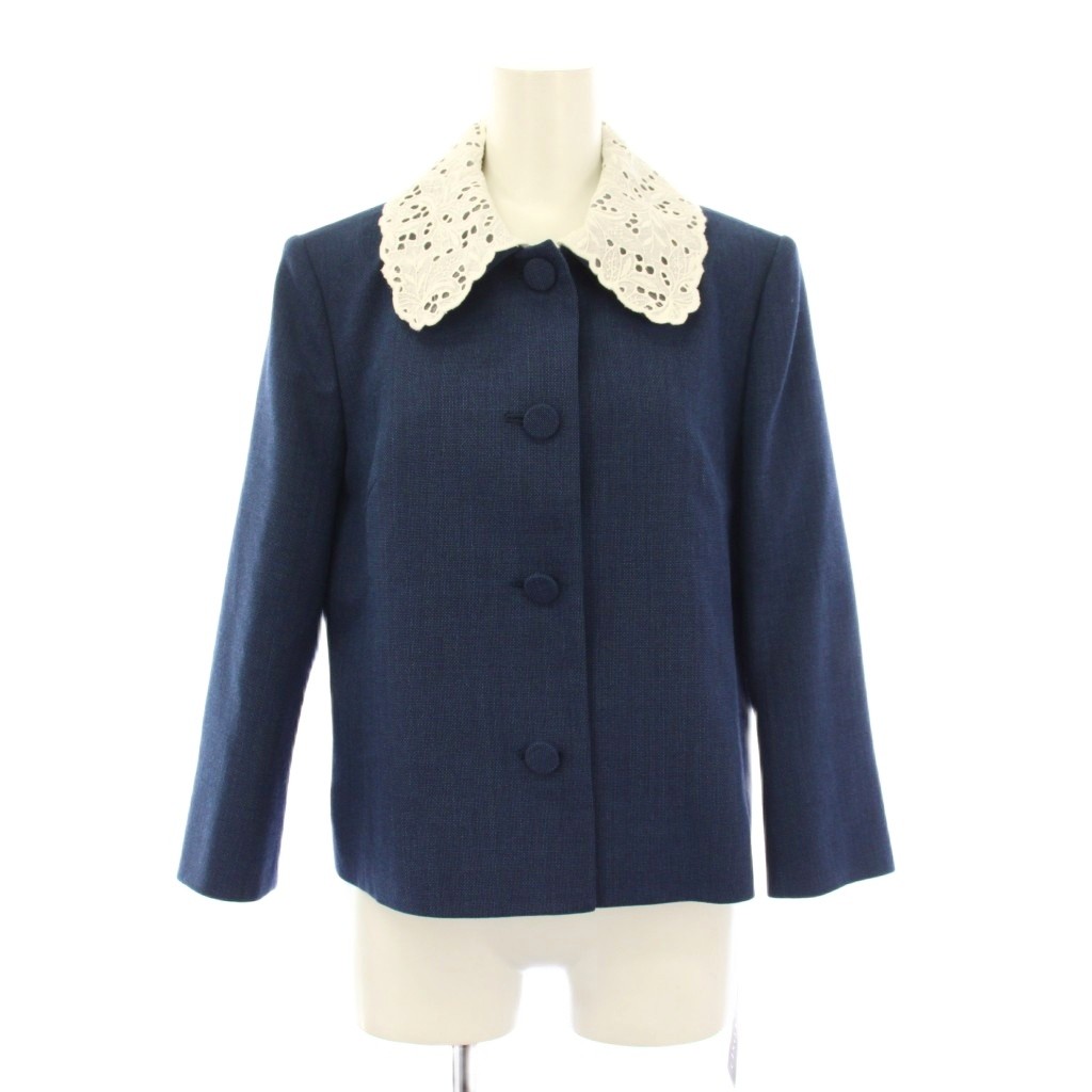 【中古】未使用品 フォクシー FOXEY ジャケット アウター シングル 総裏地 レース ウール 0 紺 ネイビー 白 ホワイト タグ付き 39454 /BB レディース 【ベクトル 古着】 260217