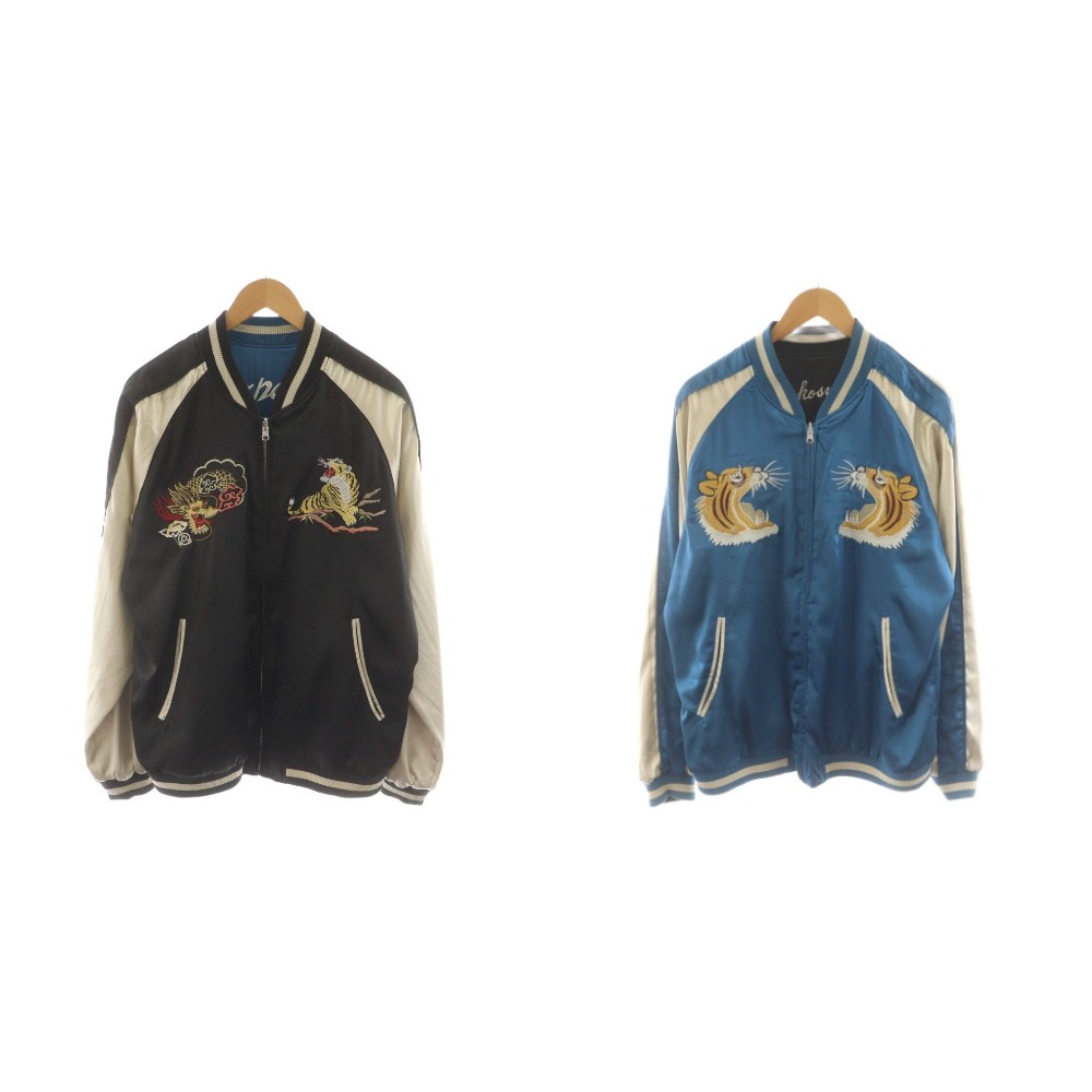 【中古】ジャパネスク JAPANESQUE スカジャン リヴァーシブル 刺しゅう 龍 虎柄 XXL 黒 黒いこと 青 青色 /AN27 メンズ 【ベクター 古着】 260225 メンズファッション-コート・ジャケット