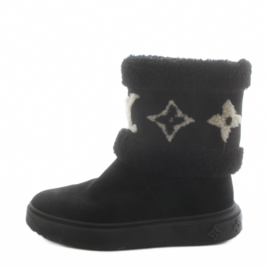 【中古】ルイヴィトン LOUIS VUITTON スノードロップ ラインアンクルブーツ SNOWDROP FLAT ANKLE BOOT LVロゴタイプ ムートンブーツ 遊撃手ブーツ 36.5 黒 黒いこと TC0251 /AN3 レディース 【ベクター 古着】 260306