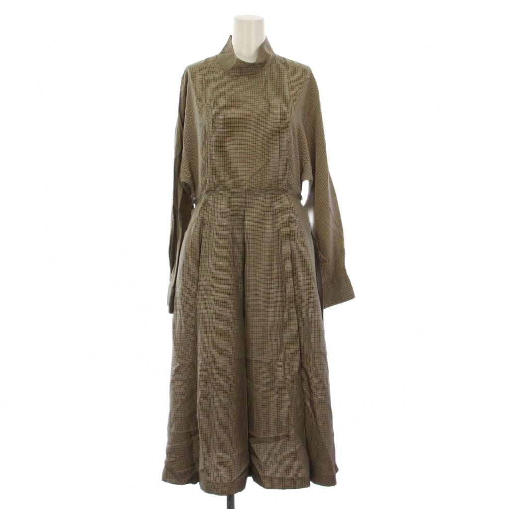 【中古】エブール ebure キュプラチェック ワイドプリーツハイネックワンピース 長袖 ロング 36 ベージュ 3810300312 /BM レディース 【ベクトル 古着】 260312|ブランド古着ベクトルプレミアム店