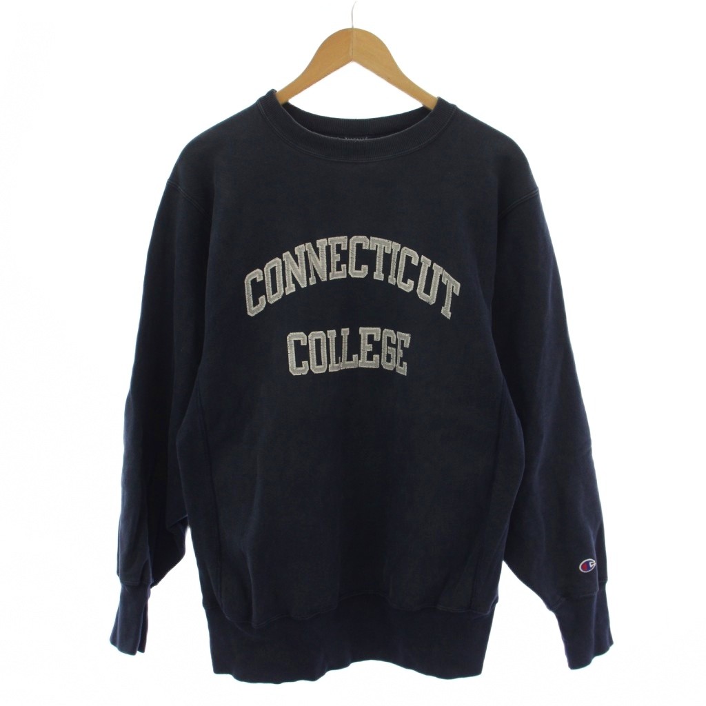 【中古】チャンピオン CHAMPION 90s トリコタグ リバースウィーブ CONNECTICUT COLLEGE スウェット トレーナー プルオーバー 長袖 ロゴ L 紺 /BM メンズ 【ベクトル 古着】 260318