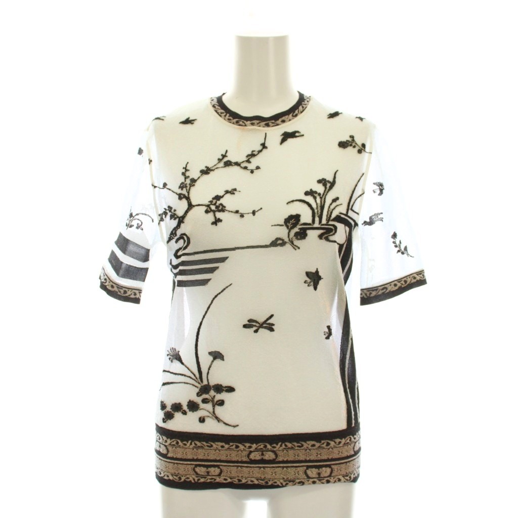 【中古】マメクロゴウチ Mame Kurogouchi 25SS Nature Pattern Sheer Knitted Crew Neck Top シアー ニット クルーネック トップ カットソー 半袖 1 白 黒 MM25SS-KN063 /YM レディース 【ベクトル 古着】 260323