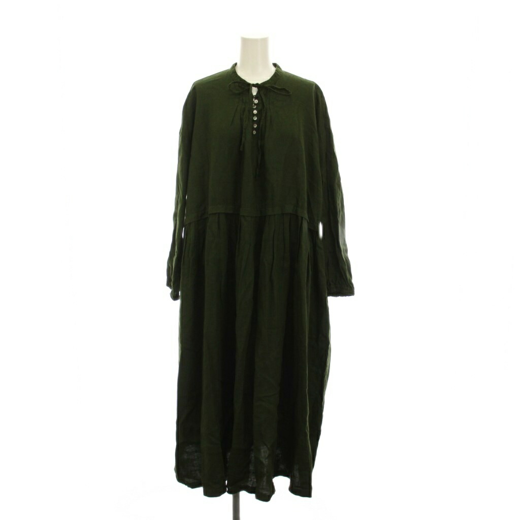 【中古】ネストローブ nest Robe リネンタックネックドレス ワンピース ロング F カーキ 緑 長袖 01194-1367-1 /YM レディース 【ベクトル 古着】 260323
