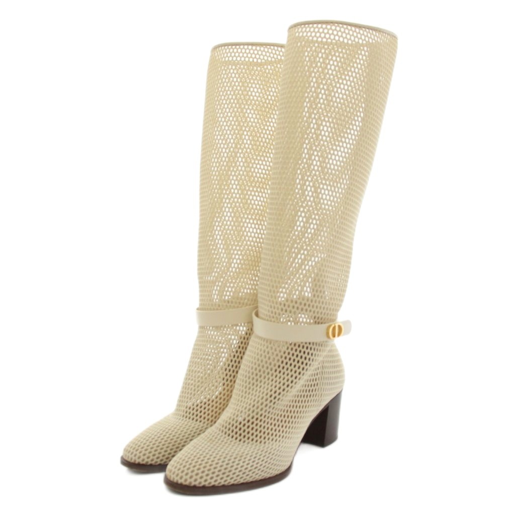 【中古】クリスチャンディオール Christian Dior ディーオールアンプラント DIOR EMPREINTE ロングブーツ アーモンドトゥ チャンキーヒール メッシュ レザー 35.5D 白 ホワイト MD0520 /YT レディース 【ベクトル 古着】 260330｜ブランド古着ベクトルプレミアム店