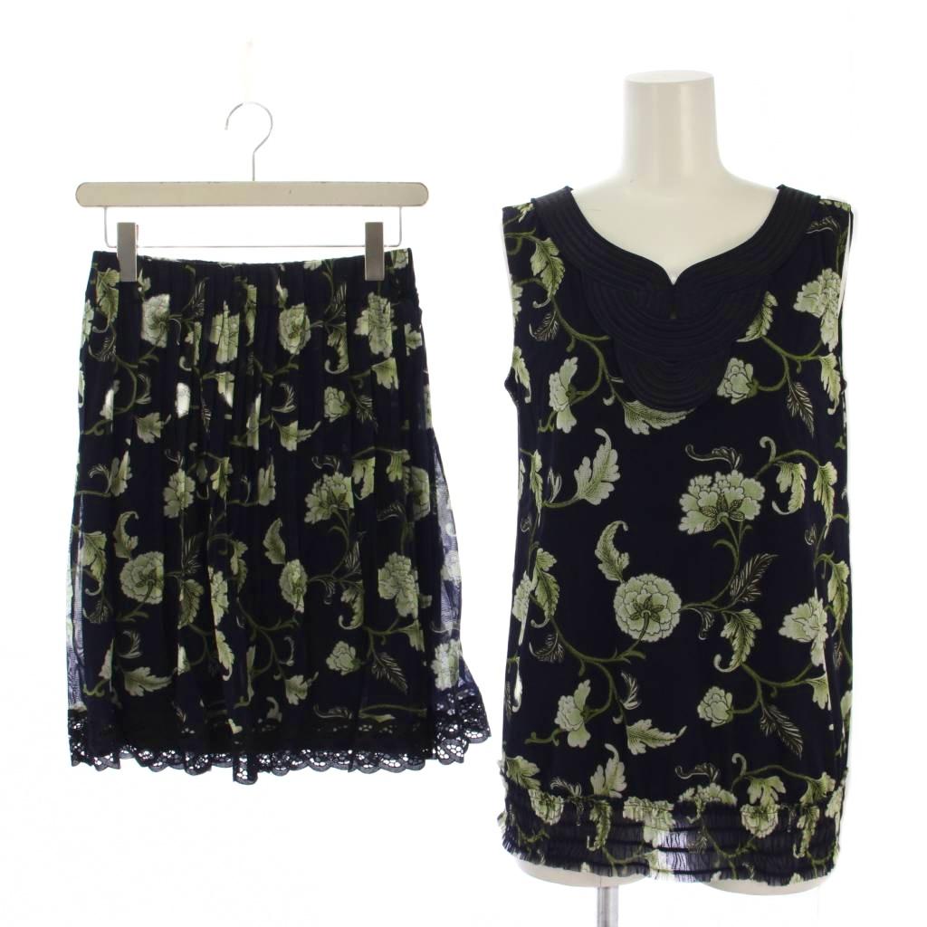 【中古】未使用品 ヴィヴィアンタム VIVIENNE TAM セットアップ 上下 ブラウス シャツ ノースリーブ タックスカート ひざ丈 花柄 レース 1 0 紺 黒 /BM レディース 【ベクトル 古着】 260329