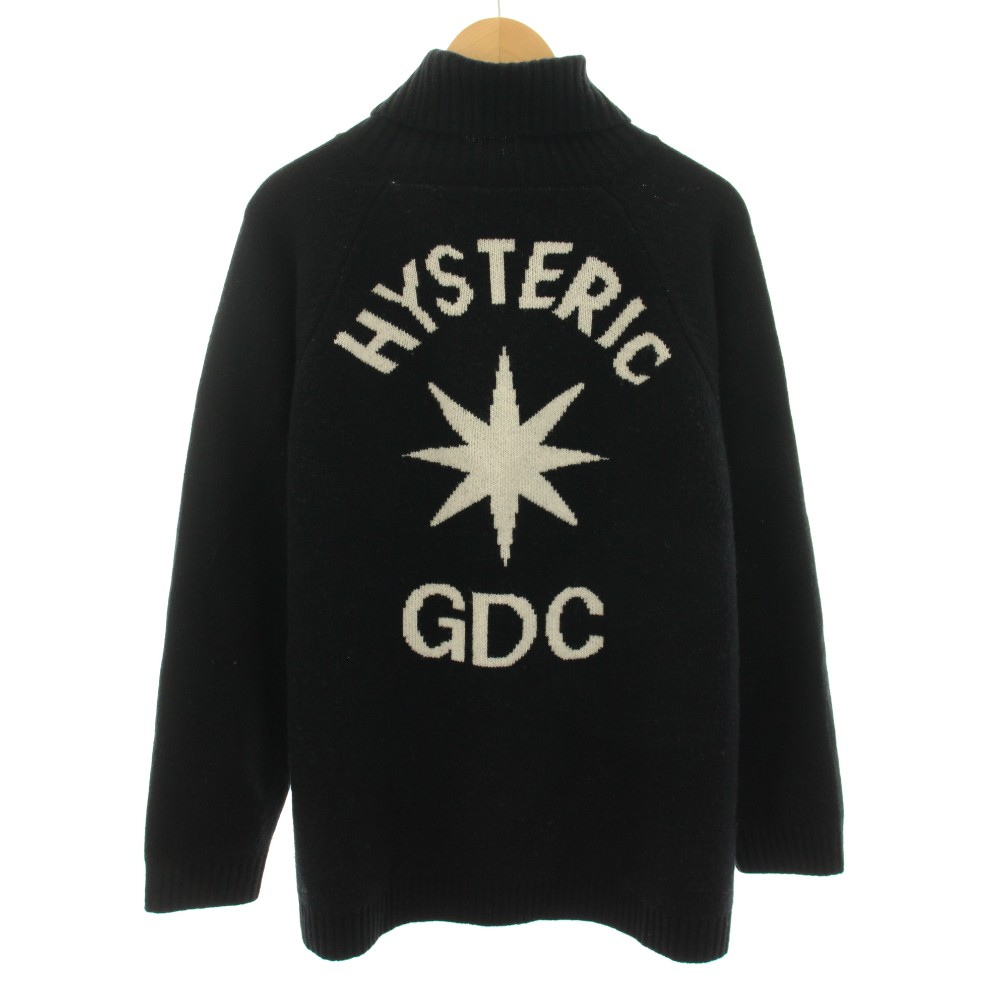 【中古】ヒステリックグラマー HYSTERIC GLAMOUR ジーディーシーコラボ GDC collabo タートルネック編み物 turtleneck knit プルオーバー 長袖 うしろ側刷り上げる ロゴタイプ L 黒 黒いこと 白 白いこと GD0200 /YT メンズ 【ベクター 古着】 260407