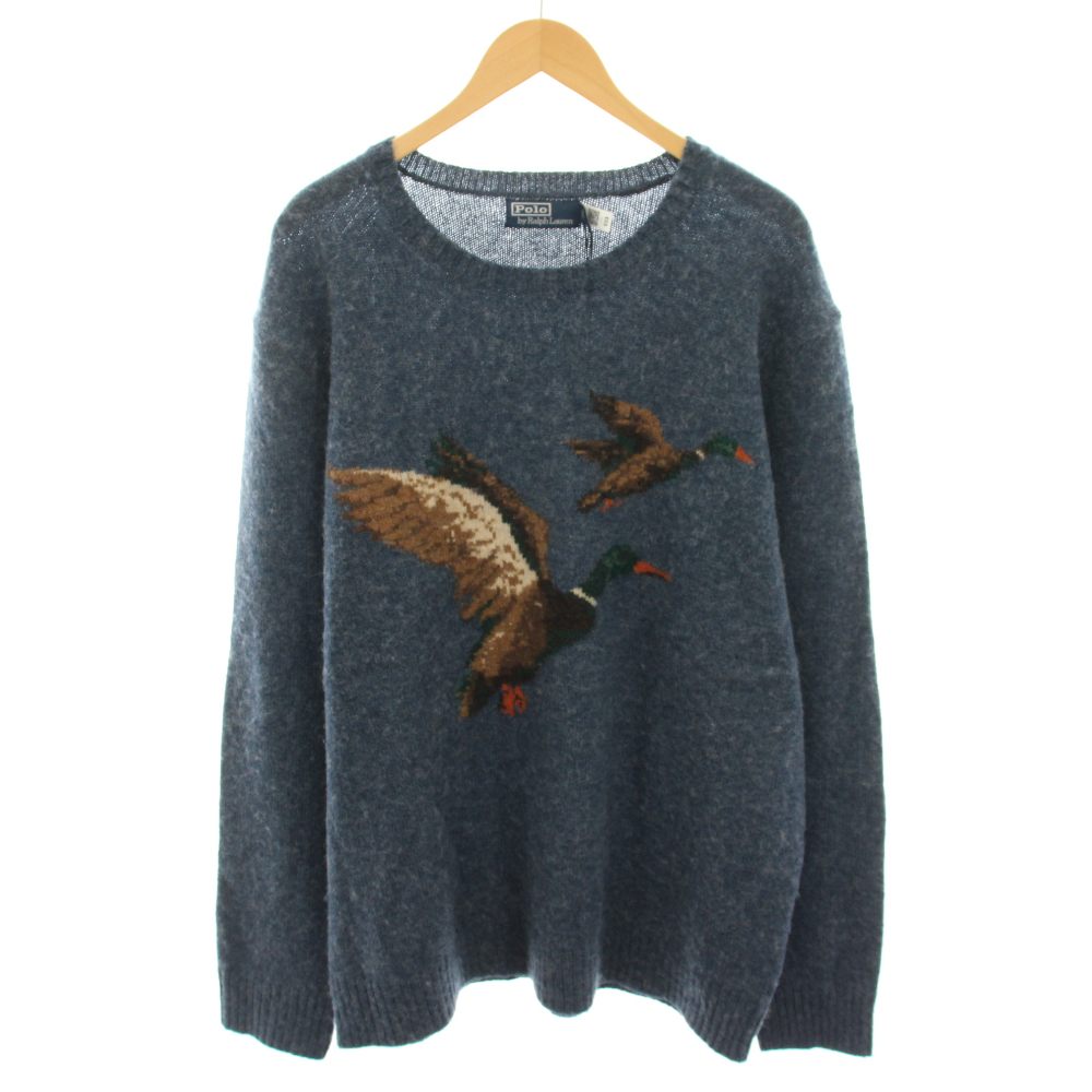 【中古】未当て嵌める品 ポロ バイ ラルフローレン Polo by Ralph Lauren 編み物 スウェーター 労働者の一団のど首 長袖 家鴨柄 刷り上げる エルボーパッチ XXL 青 青色RLMWB-GLC23-S /YT メンズ 【ベクター 古着】 260424