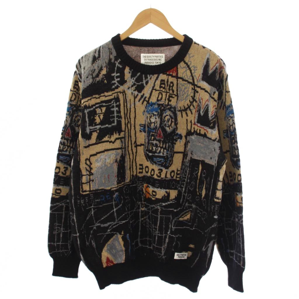 【中古】ワコマリア WACKO MARIA × JEAN-MICHEL BASQUIAT 編み物 プルオーバー 長袖 労働者の一団のど首 総柄 モヘア 羊毛 M 黒 /BM メンズ 【ベクター 古着】 260520