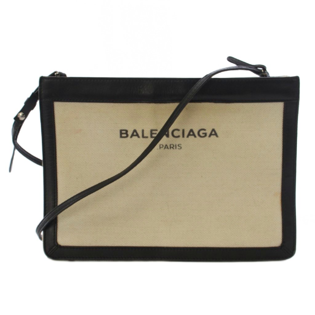 【中古】バレンシアガ BALENCIAGA ネイビーポシェット ショルダーバッグ 帆布 なめし革 ベージュ 黒 339937 /BM ■OH レディース 【ベクター 古着】 260528