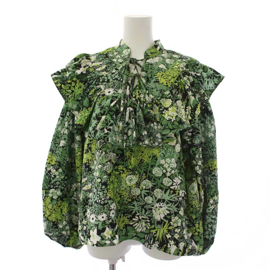 【中古】セブンテンバイミホカワヒト SEVEN TEN by MIHO KAWAHITO プリントフリルブラウス プルオーバー 長袖 花柄 S 緑であること /BM レディース 【ベクター 古着】 260528