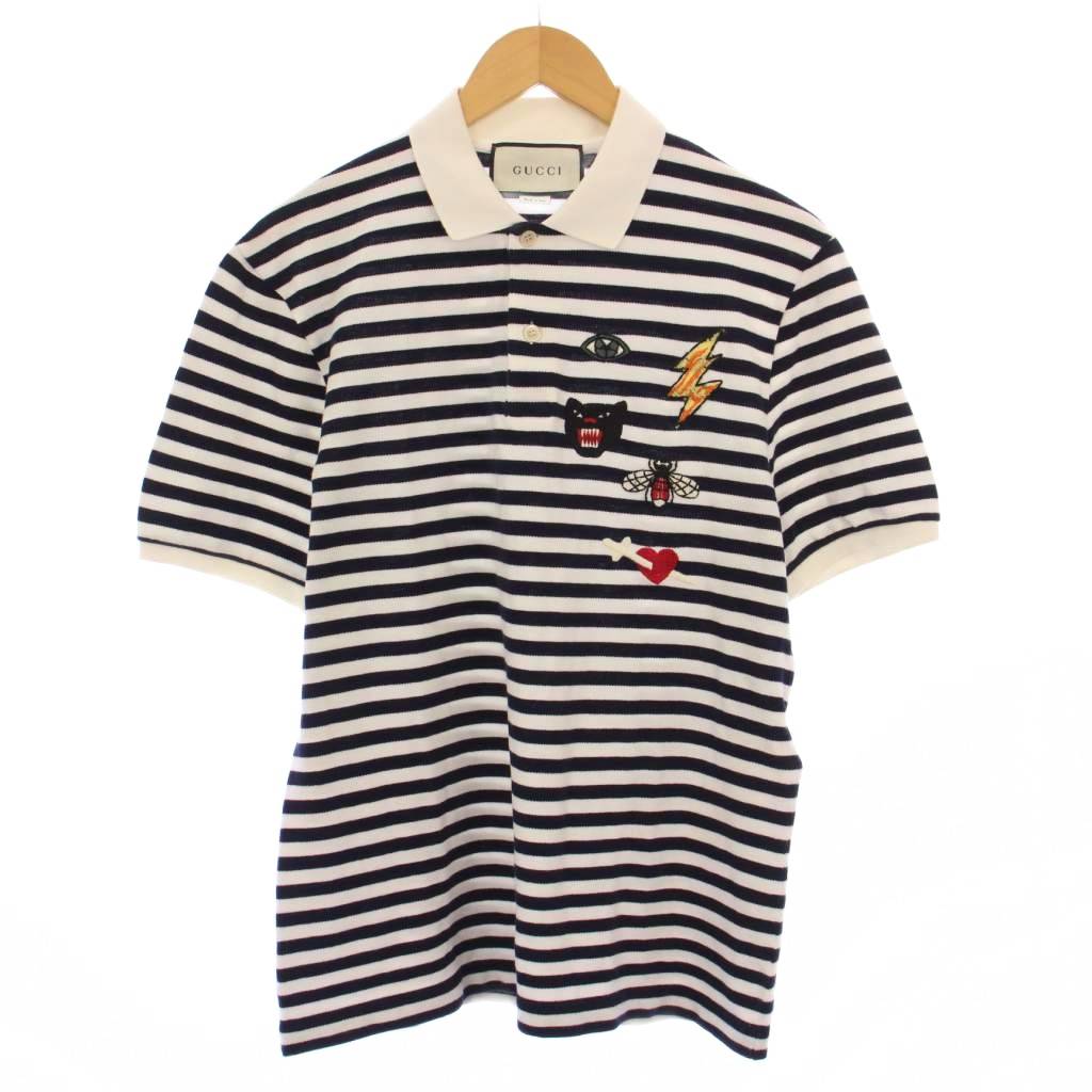 【中古】グッチ GUCCI XJAGX スポーツシャツ 半袖 レギュラー色合い 二分の一名取り草 鹿の子 刺しゅう 伸ばすこと 間借り人柄 白 白いこと 紺 米国海軍 /BB メンズ 【ベクター 古着】 251002