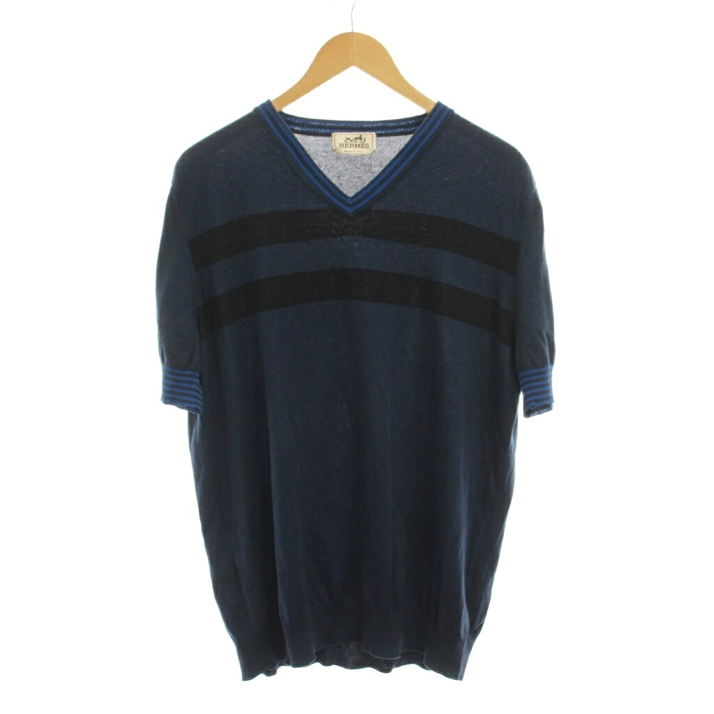 【中古】エルメス HERMES 朱夏編み物 ティーシャツ カットソー Vのど首 間借り人 半袖 XL 紺 /YM メンズ 【ベクター 古着】 260525