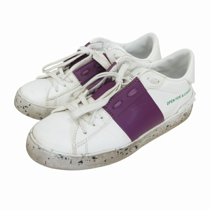 【中古】ヴァレンティノ ヴァレンチノ  VALENTINO Open for a Change Sneaker スニーカー ヴィ―ガンレザー ロックスタッズ サステナブル ホワイト パープル 35 22cm相当 IBO76 レディース 【ベクトル 古着】 250629
