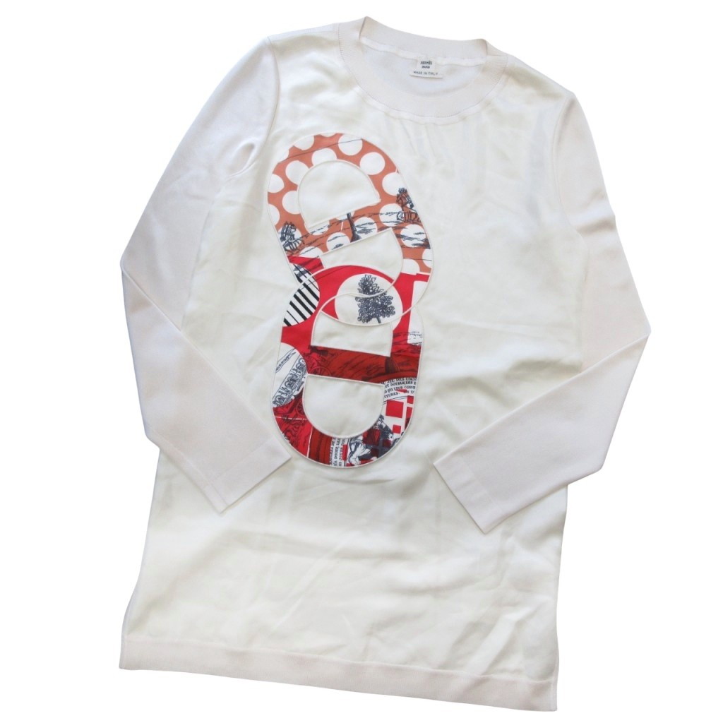 【中古】エルメス HERMES 美品 2022SS TWILL LANE ツイルレーヌ シェーヌダンクル カットソー 編み物 絹地100% 長袖 国内置き目 白 白いこと 34 ■MNK1 レディース 【ベクター 古着】 250927