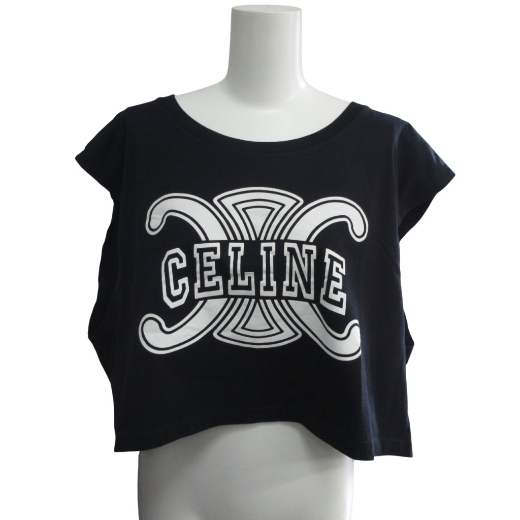 【中古】セリーヌ CELINE 美品 23SS トリオンフ クロップド ティーシャツ 刷り上げる ノースリーブ カットソー M 黒 黒いこと 2X17D671Q ■MNK3 レディース 【ベクター 古着】 251129