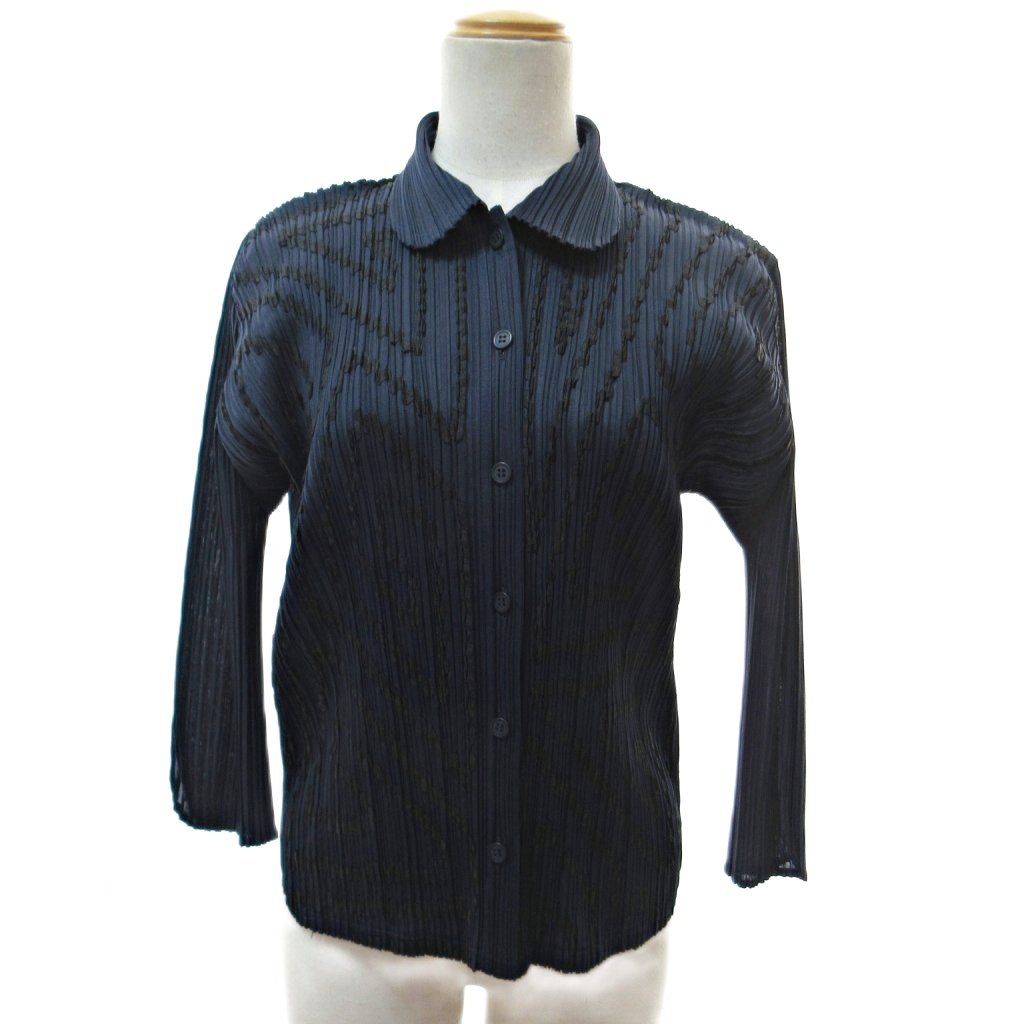 【中古】プリーツプリーズ PLEATS PLEASE イッセイミヤケ テープデザイン プリーツ シャツ 長袖 3 紺 ネイビー PP41-JJ745 1230 ■MNK4 レディース 【ベクトル 古着】 251230