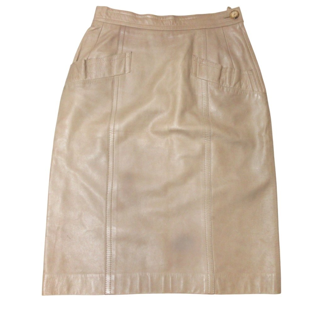 【中古】ロエベ LOEWE ラムレザー ひざ丈 スカート アナグラムボタン 羊革 茶 ブラウン ■MNK4 レディース 【ベクトル 古着】 260109
