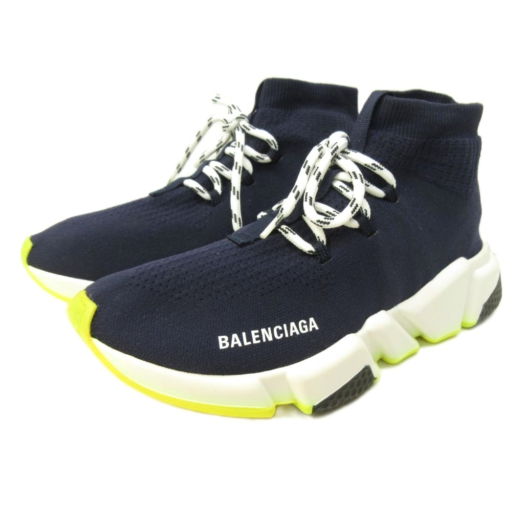 【中古】バレンシアガ BALENCIAGA スピード レースアップ トレーナー ソックススニーカー ネイビー×ネオン 38 25cm IBO90 メンズ 【ベクトル 古着】 260222