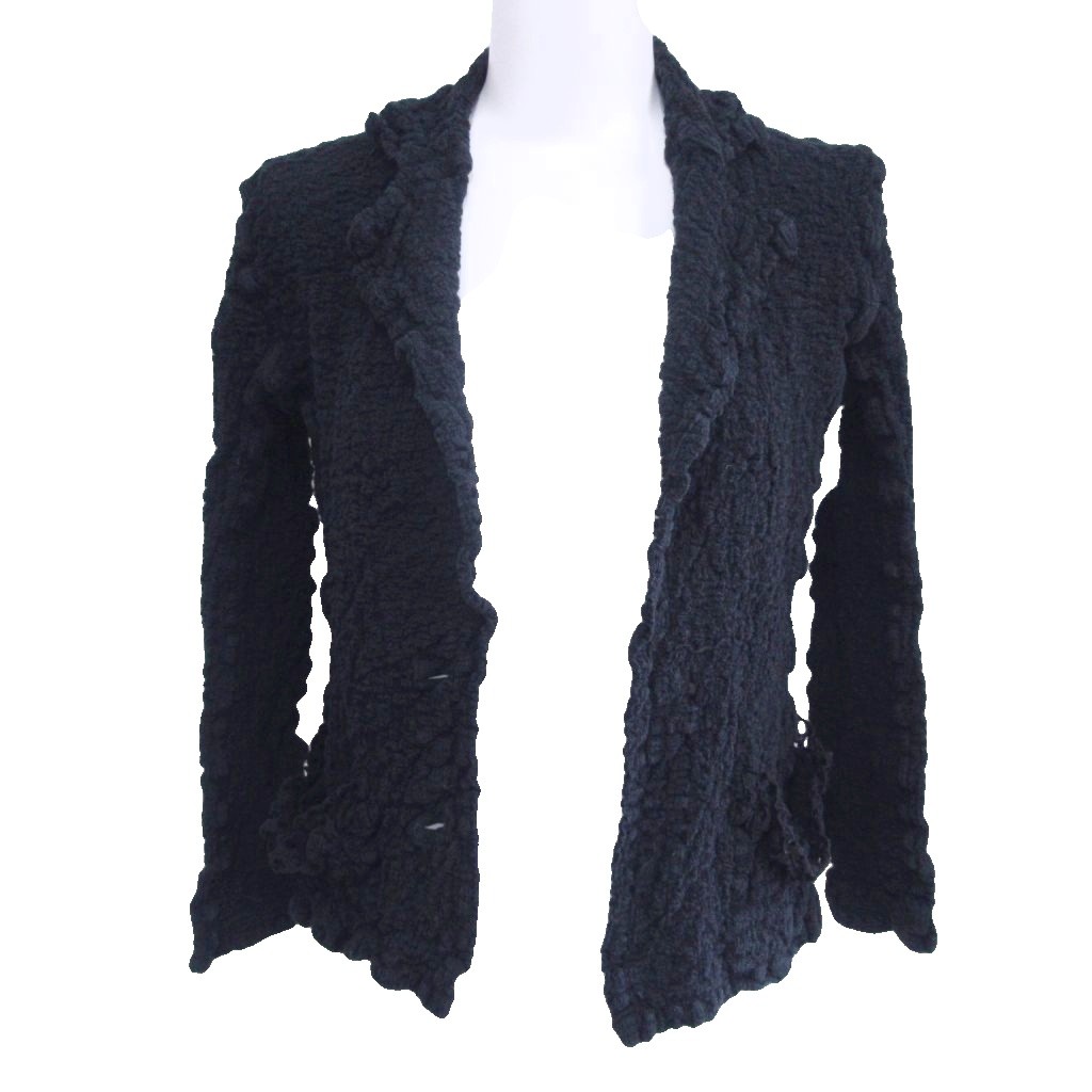 【中古】ミーイッセイミヤケ me ISSEY MIYAKE カリフラワー カーディガン ジャケット シワ加工 切替 レース 刺繍 7分袖 黒 ブラック MI32FD171 IBO90 0220 レディース 【ベクトル 古着】 260220