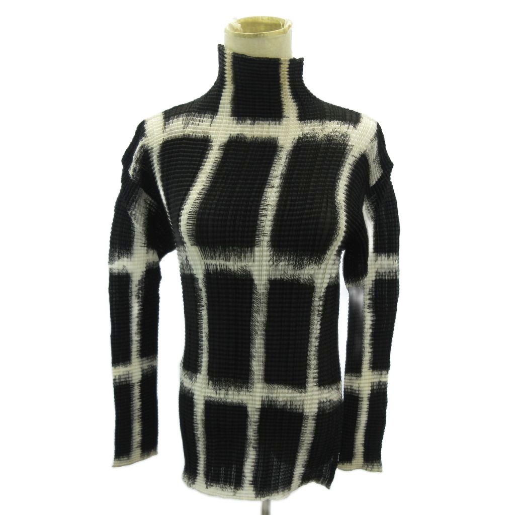 【中古】イッセイミヤケ ISSEY MIYAKE 筋目 カットソー 総柄 タートルネック 長袖 L 黒 白 黒いこと 白いこと IM63-FJ619 0221 ■IBO90 レディース 【ベクター 古着】 260221