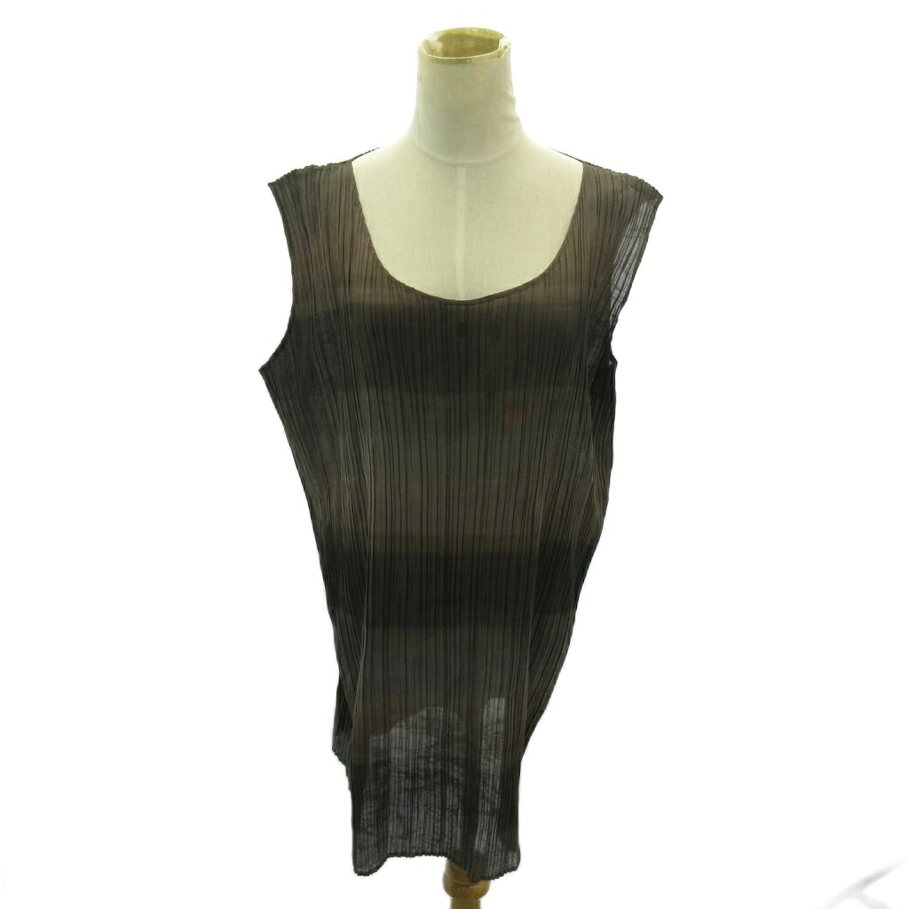 【中古】イッセイミヤケ ISSEY MIYAKE プリーツ ワンピース ボーダー ノースリーブ ひざ丈 M 茶 ブラウン系 0303 IBO92 レディース 【ベクトル 古着】 260303