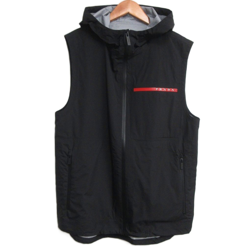 【中古】プラダスポーツ PRADA SPORT 極美品 リネアロッサ NYLON ACTIVE VEST ナイロン フーデッドベスト ラバーロゴ 46 黒 ブラック GN995 S182 1SYD ☆AA★ メンズ 【ベクトル 古着】 260513|ブランド古着ベクトルプレミアム店