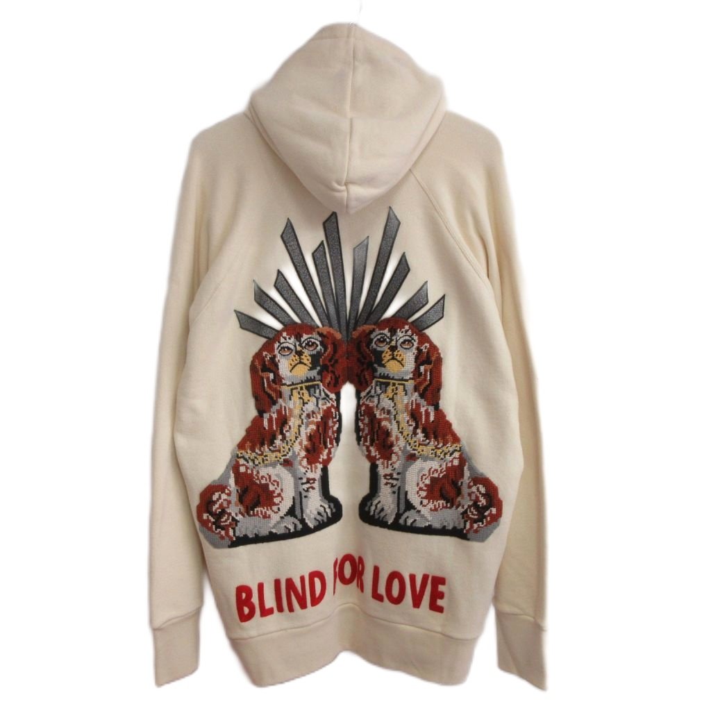 【中古】グッチ GUCCI BLIND FOR LOVE パーカー フーディ ロゴタイプ シェリー酒伝達ルート 飼い犬刺しゅう ラグラン L 象牙色 ■MNK9 メンズ 【ベクター 古着】 260605