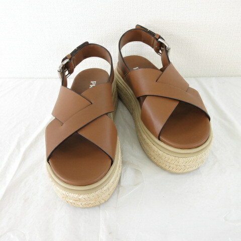 【中古】プラダ PRADA フラットフォームサンダル エスパドリーユ なめし革 茶 35 *A129 レディース 【ベクター 古着】 250916