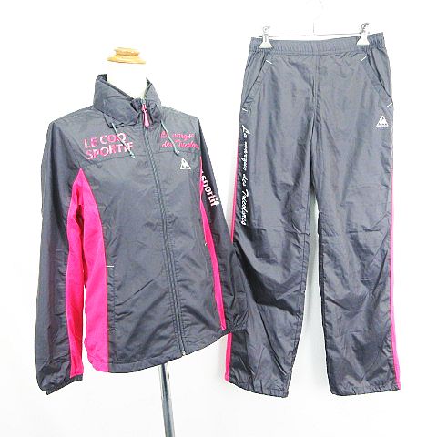 【中古】ルコックスポルティフ le coq sportif セットアップ 上下 ウィンドブレーカー ジャケット 長袖 ジップアップ パンツ ロング丈 ロゴ 裏メッシュ M グレー×ピンク スポーツウェア ※EKM レディース 【ベクトル 古着】 260105