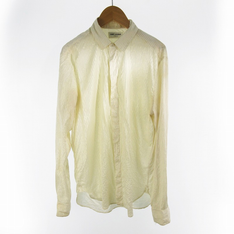 【中古】サンローラン パリ SAINT LAURENT PARIS 37 14 1/2 シルク ストライプ ドレスシャツ 長袖 比翼 646850 ベージュ ゴールド トップス ケリングジャパンイヴサンローランディヴィジョン メンズ 【ベクトル 古着】 260530｜ブランド古着ベクトルプレミアム店