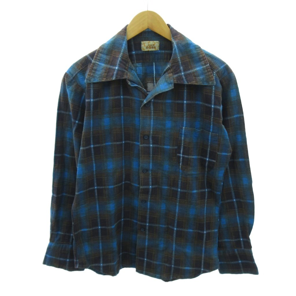 【中古】ヴィンテージ VINTAGE ザボス THE BOSS 50s ライトネル フランネルシャツ チェック柄 長袖 青 茶 ブルー ブラウン 1208 メンズ 【ベクトル 古着】 251208