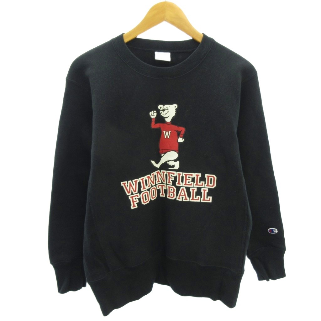 【中古】チャンピオン CHAMPION リバースウィーブ REVERSE WEAVE 青タグ 復刻 美品 スウェット トレーナー クマ プリント M 黒 ブラック 0204 メンズ 【ベクトル 古着】 260204