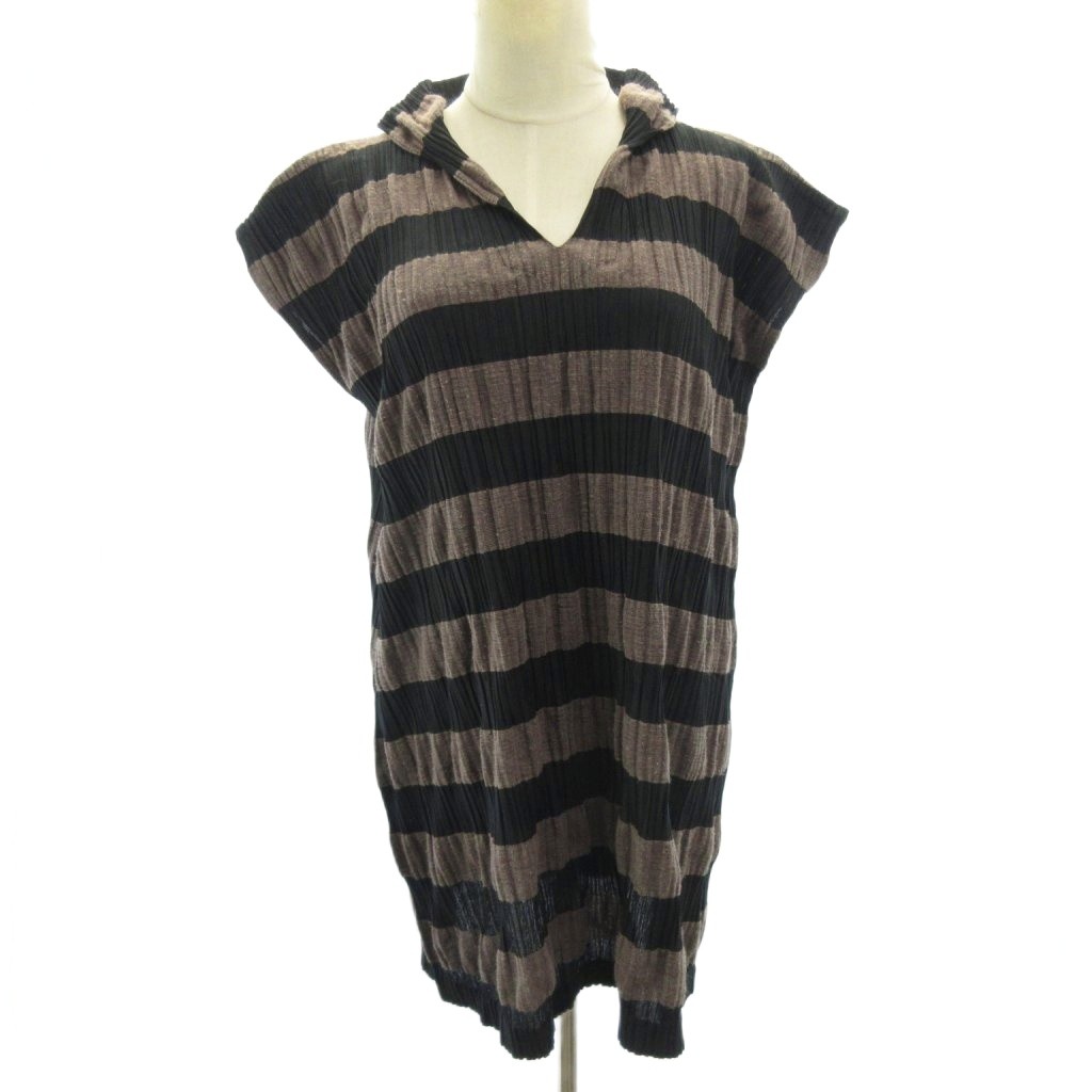 【中古】プリーツプリーズ PLEATS PLEASE ボーダー ワンピース チュニック リネン混 グレー 3 約L PP21-JT704 レディース 【ベクトル 古着】 260313｜ブランド古着ベクトルプレミアム店