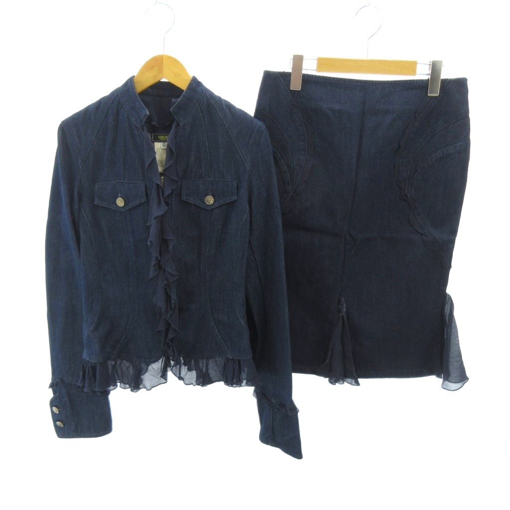 【中古】未使用品 ヴェルサーチジーンズ VERSACE JEANS COUTURE タグ付き セットアップ デニムジャケット スカート フリル コットン シルク ひざ丈 40 インディゴブルー 0331 レディース 【ベクトル 古着】 260331