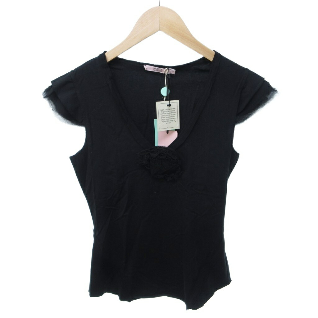【中古】未当て嵌める品 赤いこと ヴァレンティノ RED VALENTINO 引き舟付き添い人 ノースリーブ カットソー 御花 胸花 綿織物 絹地混 42 黒 黒いこと 0517 レディース 【ベクター 古着】 260517