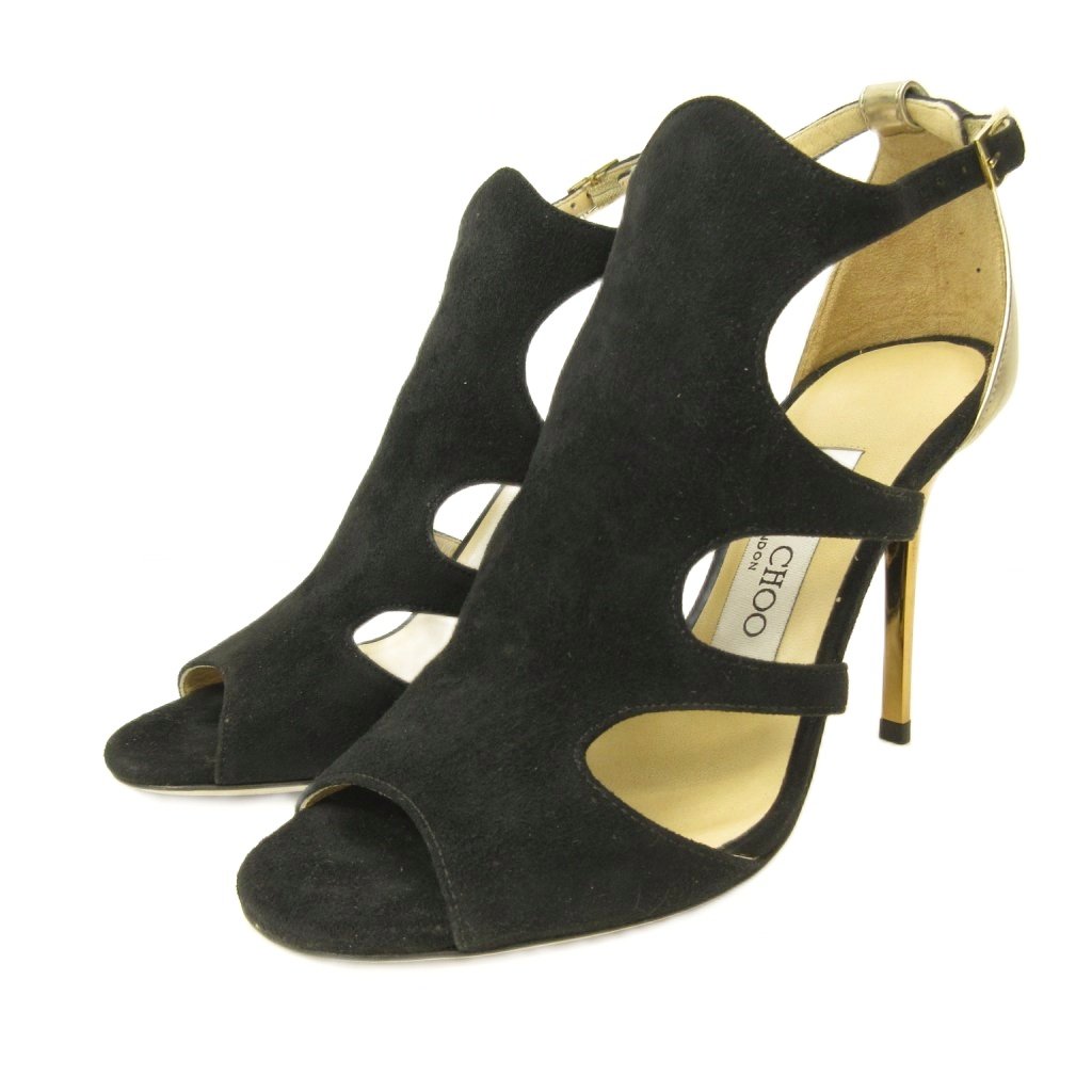 【中古】ジミーチュウ JIMMY CHOO サンダル シューズ ハイヒール スエード 34.5 21.5cm 黒 ブラック ゴールドカラー 0605 レディース 【ベクトル 古着】 260605|ブランド古着ベクトルプレミアム店