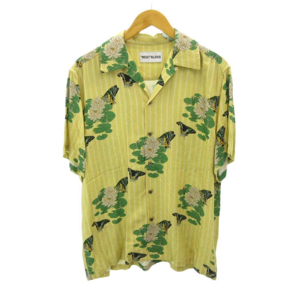 【中古】ニートアロハ NEAT ALOHA アロハシャツ 蝶々柄 半袖 M 黄 イエロー 0704 メンズ 【ベクトル 古着】 260704｜ブランド古着ベクトルプレミアム店