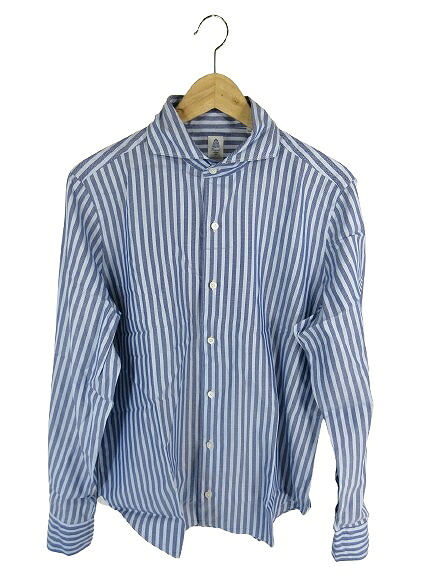 【中古】フィナモレ finamore バーニーズニューヨーク BARNEYS NEW YORK シャツ 長袖 ボタン ストライプ ブルー ネイビー サイズL QQQ メンズ 【ベクトル 古着】 260416
