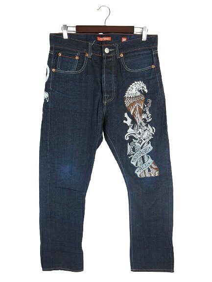 【中古】エドハーディー Ed Hardy 2008 ズボン下 ジーンズ デニム ジーパン ロング 刺しゅう ドクロ インディゴ 大きさ34 QQQ メンズ 【ベクター 古着】 260604