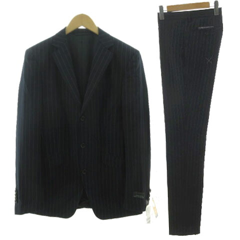 【中古】ドールオム D'or Homme スーツ SHINY FIT ジャケット テーラードカラー ナロー段返り 3B パンツ ノータック ウール混 ストライプ ネイビー 紺 ブルー 青 94YA7 メンズ 【ベクトル 古着】 250224|ブランド古着ベクトルプレミアム店