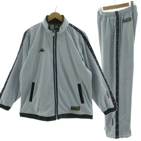 【中古】カッパ kappa ジャージ セットアップ メッシュ切替え ジャケット スタンドカラー フード ジップアップ パンツ ウエストゴム ライン 裏起毛 ロゴ刺繍 ストレッチ グレー系 ブルーグレー ブラック 黒 L M メンズ 【ベクトル 古着】 250528