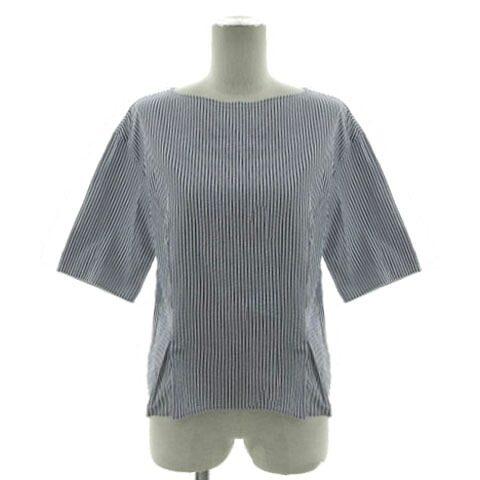 【中古】ヒューマンウーマン HUMAN WOMAN シアーサッカーストライプ ブラウス 077-0110605 タック 五分袖 日本製 コットン ネイビー ホワイト M レディース 【ベクトル 古着】 260327