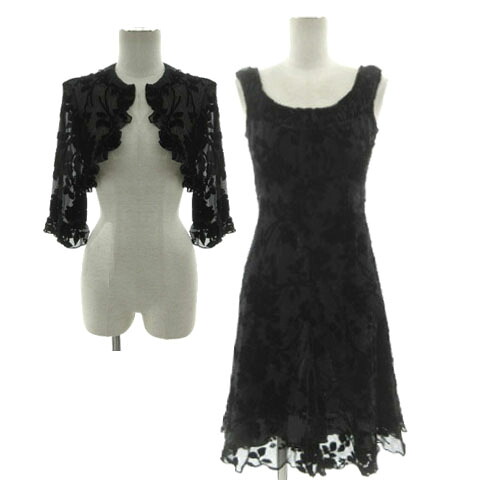 【中古】アナスイ ANNA SUI ボレロ付き 総レースワンピス フォーマルドレス 花柄ベロア切替え ボレロ 54-10-0482 五分袖 羽織り ワンピース 54-01-1154 ノースリーブ ひざ丈 ラメ USA製 ブラック 黒 4 2 レディース 【ベクトル 古着】 260217