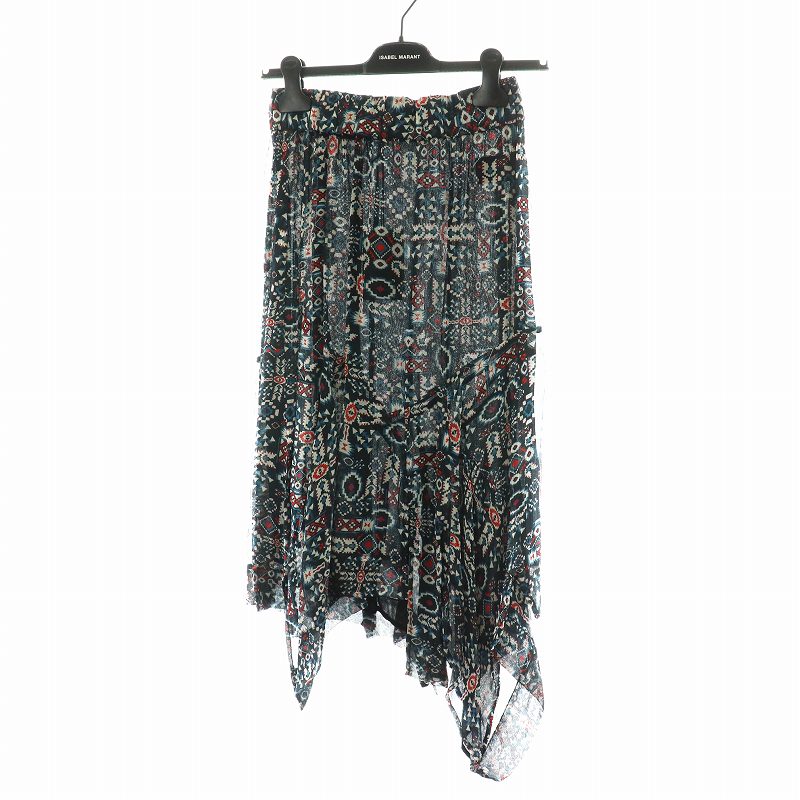 【中古】未使用品 イザベル マラン エトワール ISABEL MARANT ETOILE 2019年製 フレアスカート ひざ丈 アシンメトリー 総柄 シルク 絹 34 XS 紺 ネイビー 赤 レッド /AN14 レディース 【ベクトル 古着】 240710