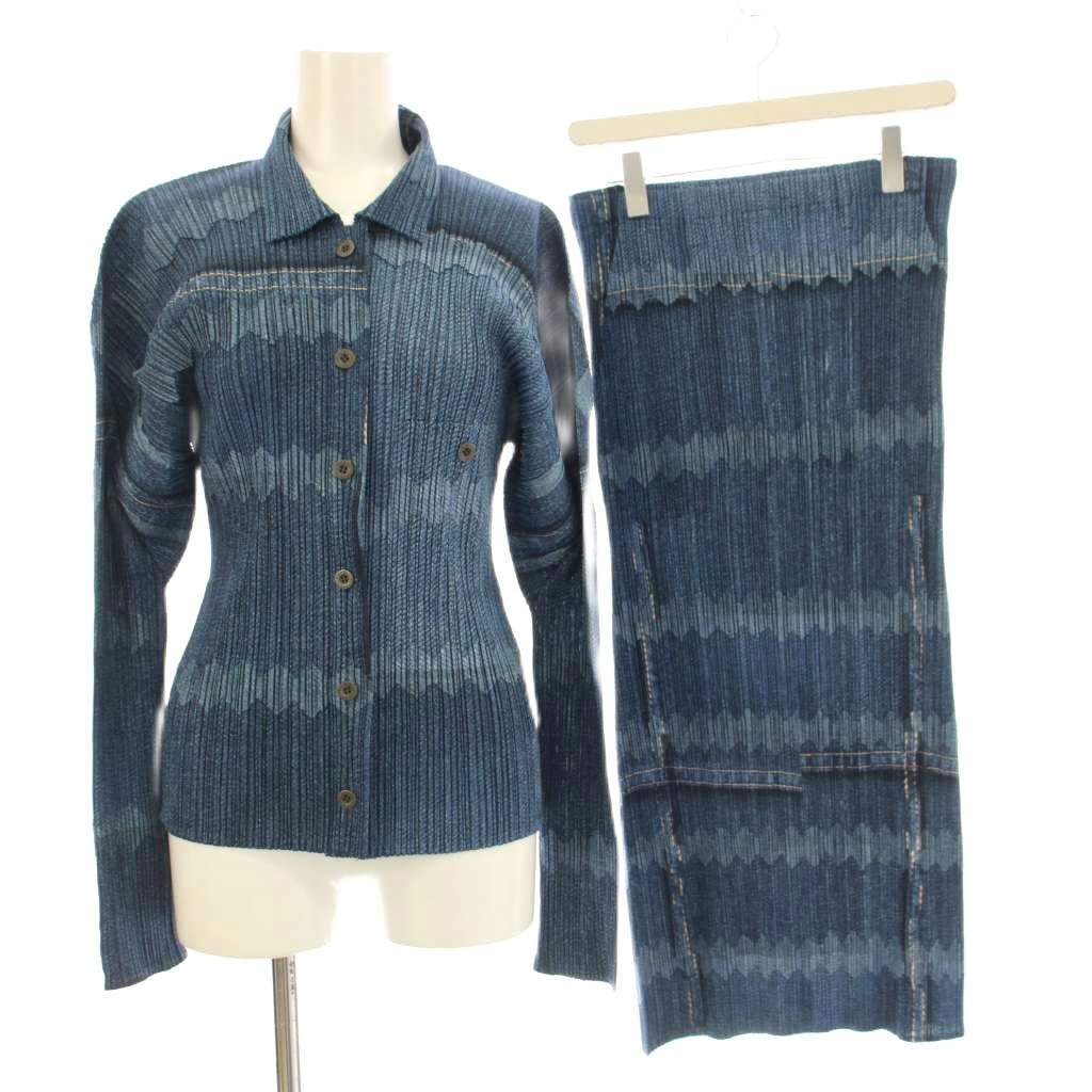 【中古】プリーツプリーズ PLEATS PLEASE イッセイミヤケ セットアップ デニム転写 パッチワーク シャツ ブラウス 長袖 タイトスカート ロング 1 4 青 PP12-JD522 PP12-JG527 /KH ■MU レディース 【ベクトル 古着】 260219｜ブランド古着ベクトルプレミアム店